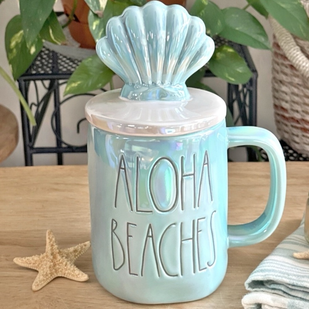 Rae Dunn ALOHA BEACHES Iridescent Mug w/ Shell Lid Coastal Beach House Decor - Picture 12 of 12